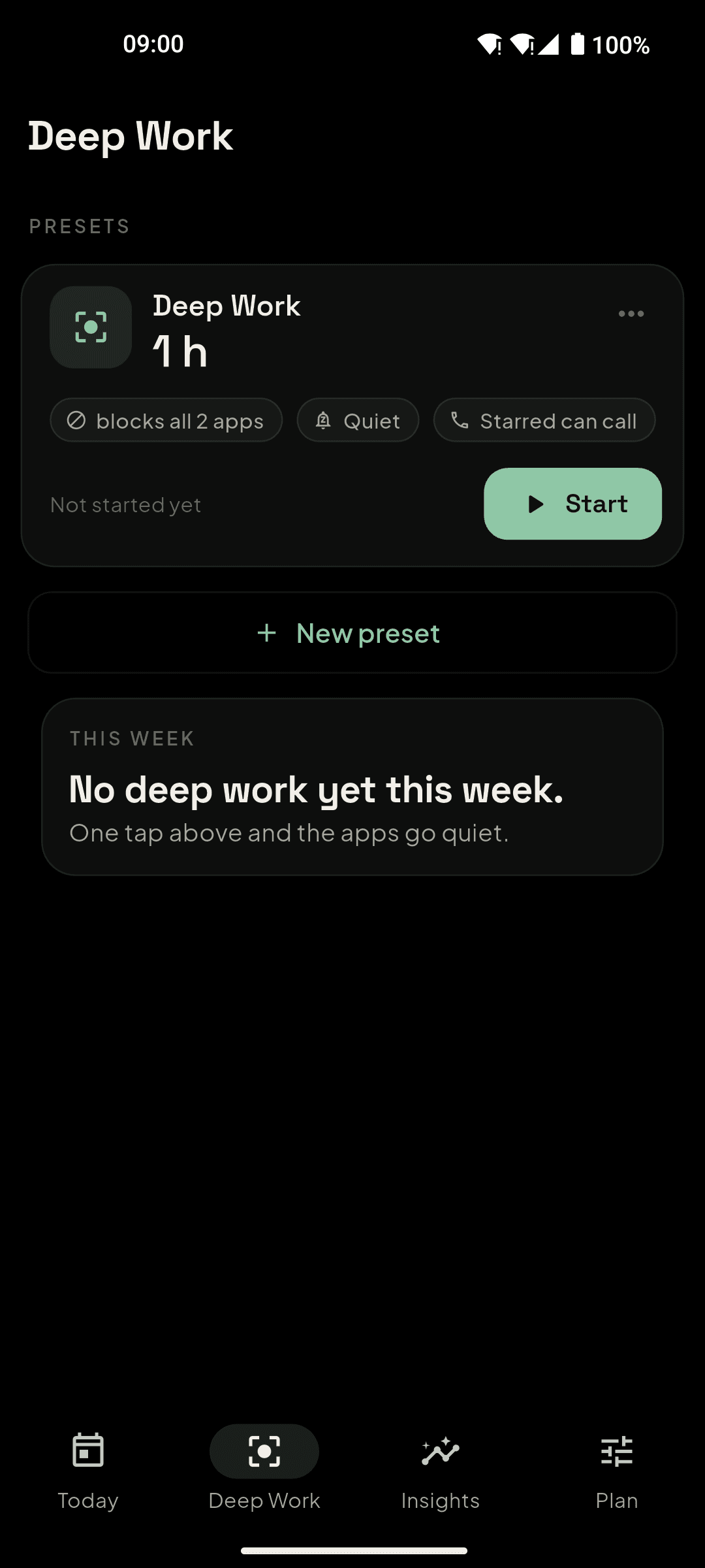 Deep Work presets and the week card